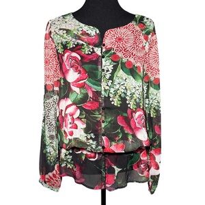 Desigual Floral Sheer Tunic Blouse Top Women S Long Sleeve Boho Artsy Cottagecor
